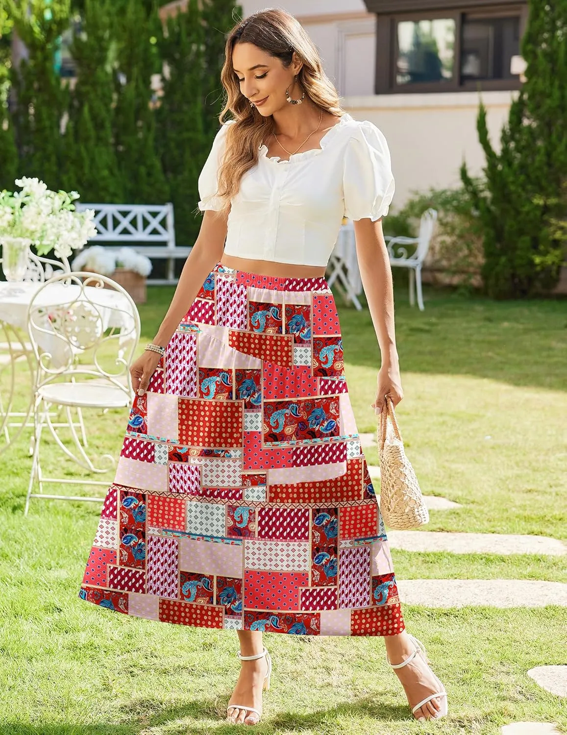 Zeagoo Women's Midi Summer 2025 Boho Elastic High Waist A-Line Flowy Swing Asymmetric Tiered Skirt Dress with Pockets