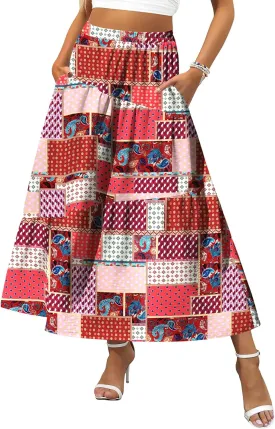 Zeagoo Women's Midi Summer 2025 Boho Elastic High Waist A-Line Flowy Swing Asymmetric Tiered Skirt Dress with Pockets