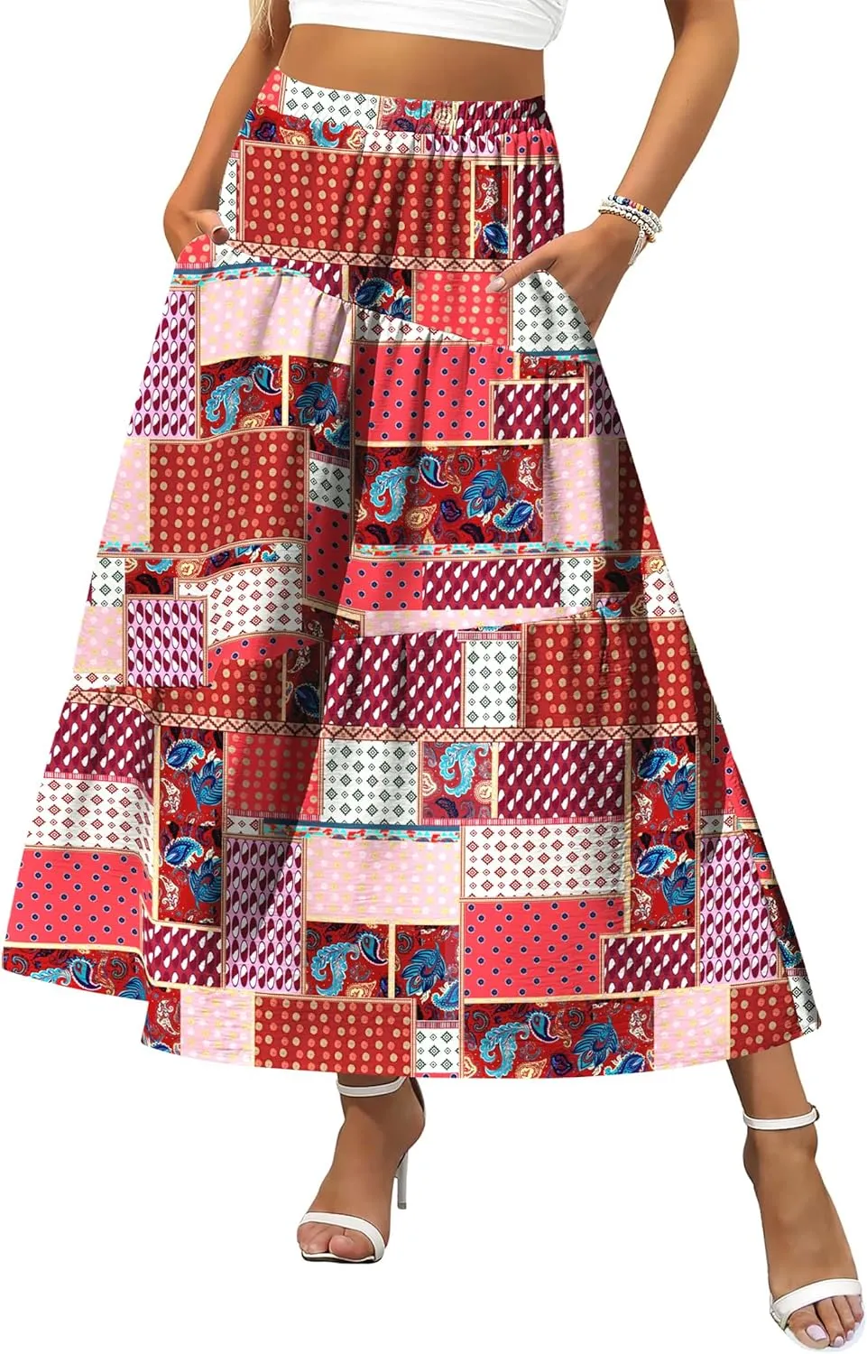 Zeagoo Women's Midi Summer 2025 Boho Elastic High Waist A-Line Flowy Swing Asymmetric Tiered Skirt Dress with Pockets